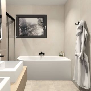 Vizualizace koupelny v teplých béžových tónech. #vizualizacekoupelny #navrhkoupelny #novakoupelna #navrhujemekoupelny...