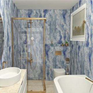 Vizualizace koupelny v imitaci mramoru s 3D efektem a se zlatými doplňky. #mramorovakoupelna #vizualizacekoupelny...