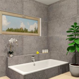 Návrh a vizualizace koupelny v oblíbených barvách. Na stěnách imitace kamene v antacitovém odstínu, na podlaze dlaždici v...